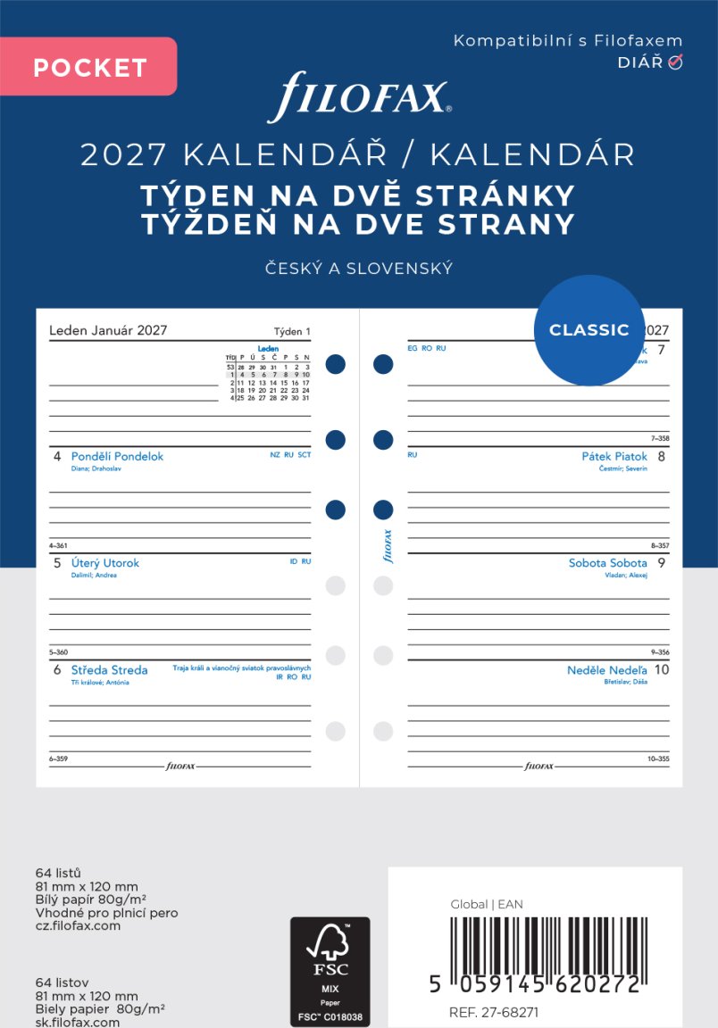 Filofax kalendář kapesní 2027 ČJ+SJ týden/2 stránky