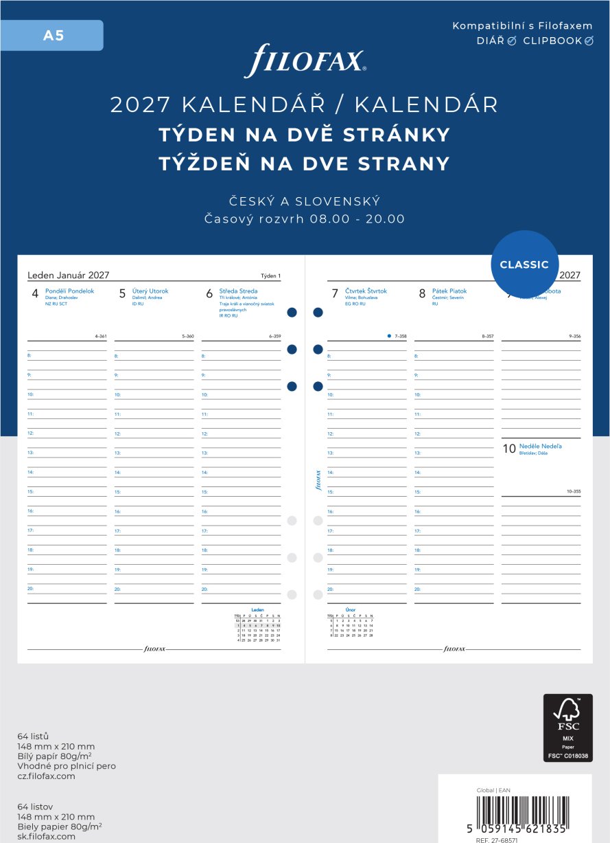 Filofax kalendář A5 2027 ČJ+SJ týden/2 stránky