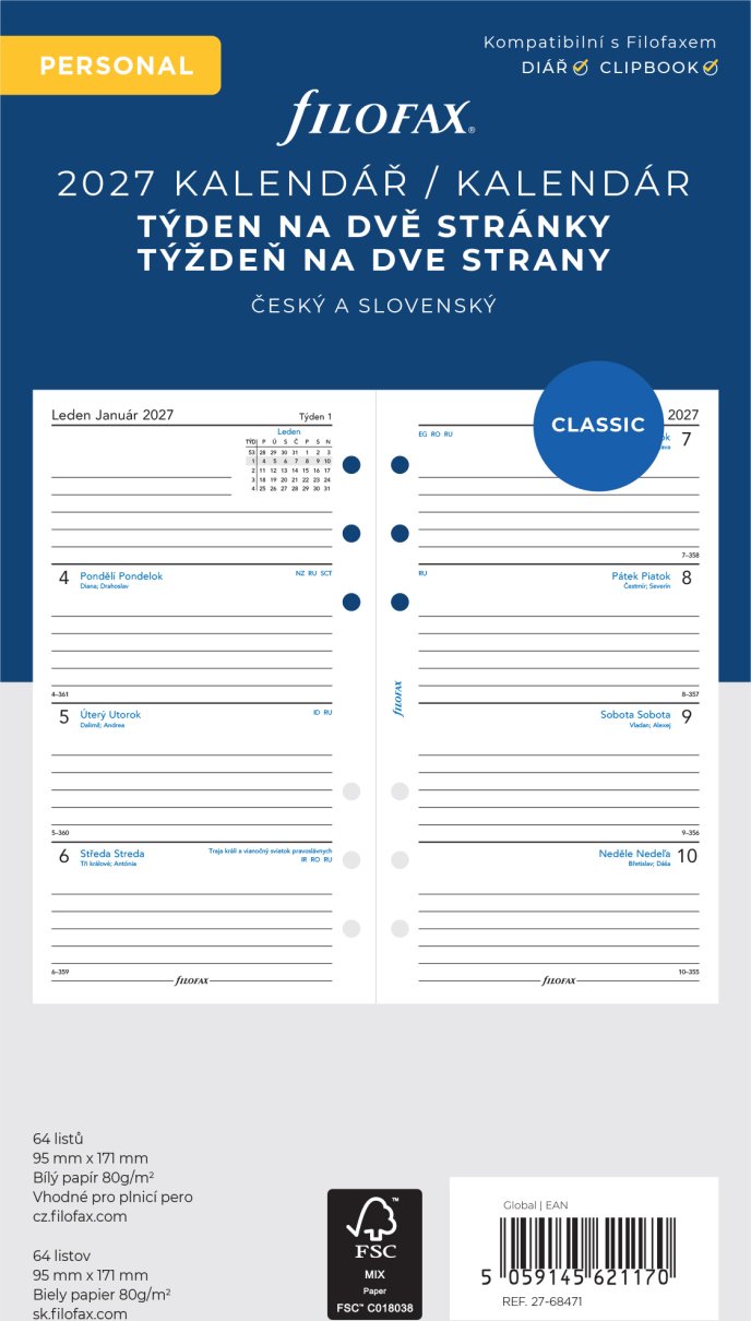 Filofax kalendář 2027 ČJ+SJ týden/2 stránky