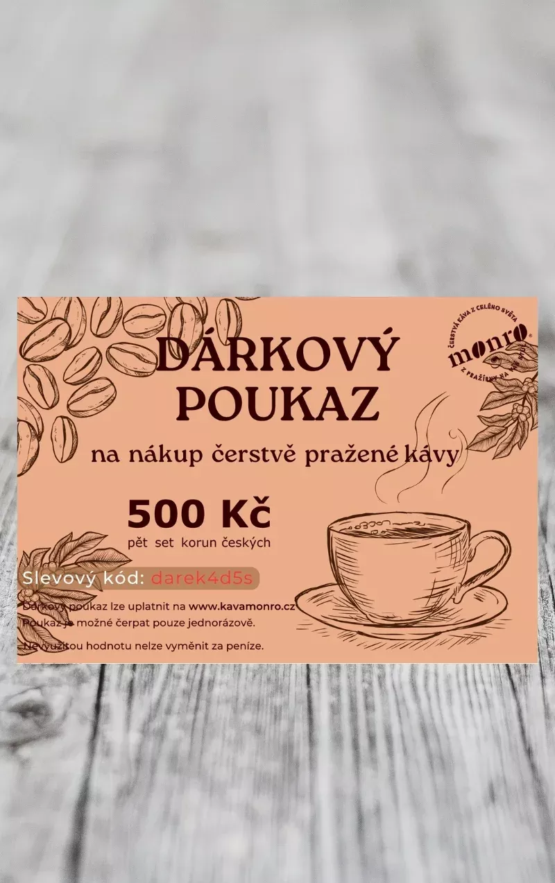Dárkový poukaz na kávu 500Kč - čerstvá zrnková 100% Arabika Monro (elektronický)