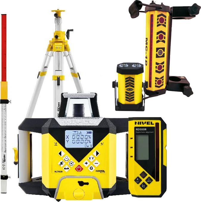 Systém pro řízení stavebních strojů Nivel System MC-1D - set Obsah setu: MC-1D (magnety) + Rotační laser NL740R + Stativ SJJ32 + Nivelační lať LS-24