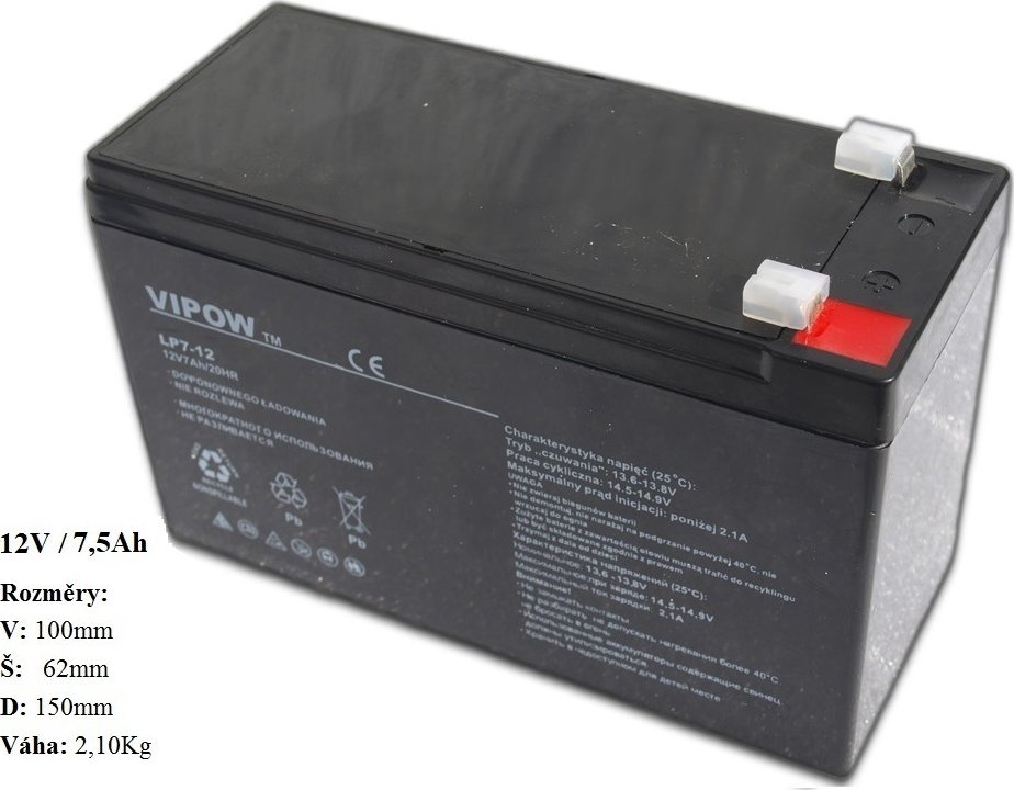 Gelová nabíjecí baterie Vipow 12V - 7,5Ah/ 20HR - bezúdržbová