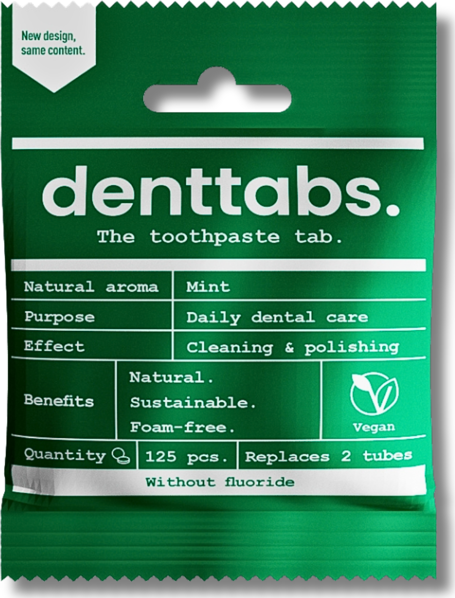 DENTTABS | Zubní pasta Denttabs v tabletách, bez fluoridu – Máta jemné leštění povrchu zubů • mikrokrystalická celulóza • nízká abrazivita • vegan • 125 ks