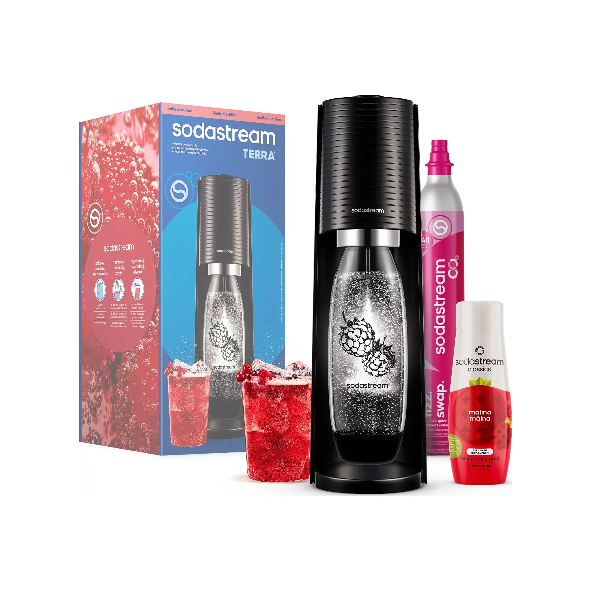 Fotografie 3 - Výrobník sody SodaStream Terra černý Malina Zero Megapack