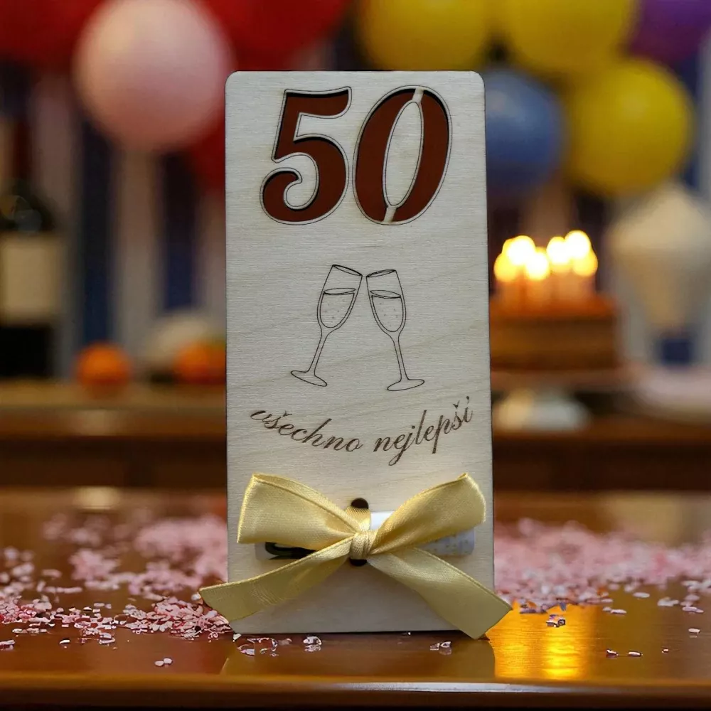 Dřevěná obálka na peníze s číslem – jubilejní „Všechno nejlepší“ 50