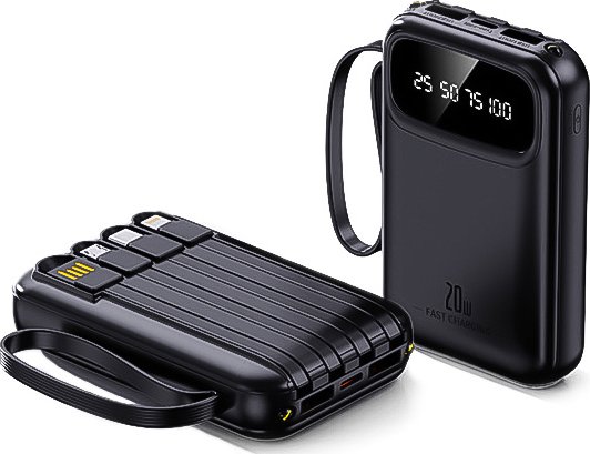 Mini Powerbanka 20000mAh s vestavěnými kabely - Černá