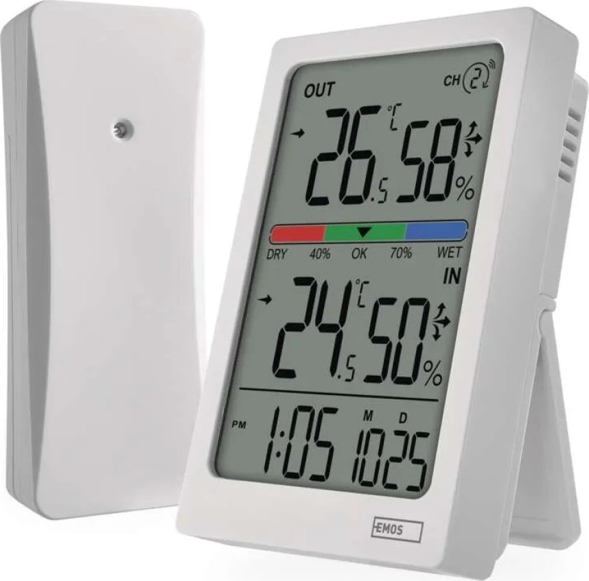 Digitální teploměr s vlhkoměrem, bezdrátové čidlo, budík, datum E0558W