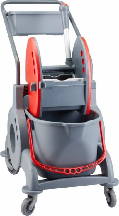 MERIDA úklidový vozík dvoukbelíkový 2x15l + box 8l, červený ždímač mopu