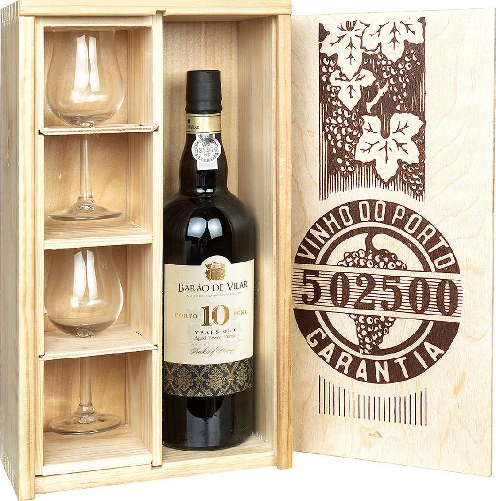 Barão de Vilar 10 year old Port (v luxusní dřevěné krabici, se dvěma sklenicemi).