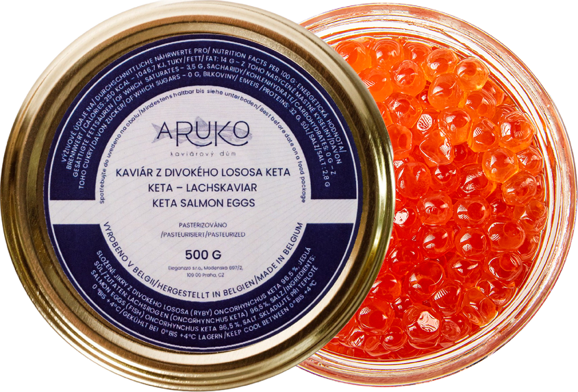 Aruko Kaviár ze divokého lososa Keta Aruko. Váha 500 g. USA