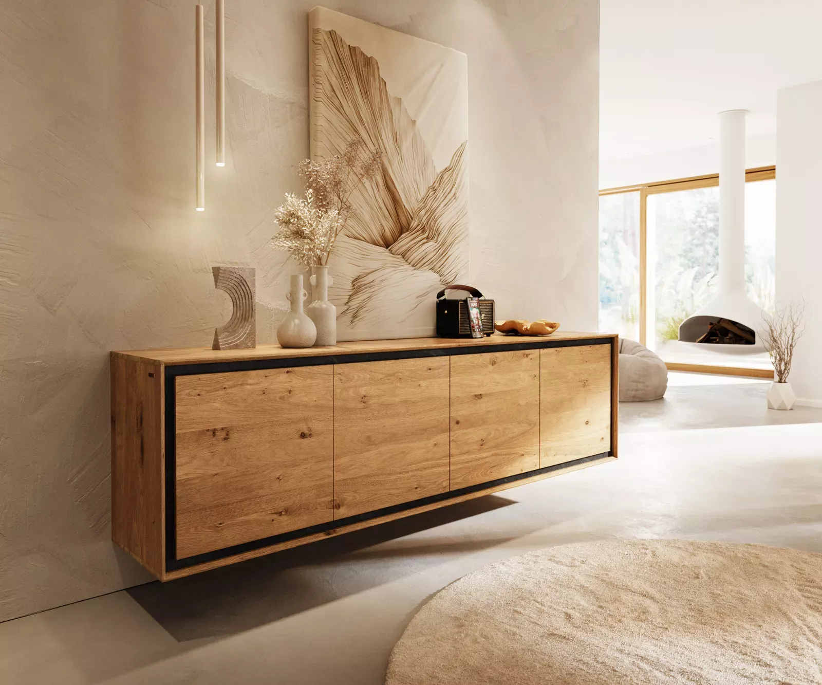 DELIFE Komoda Stonegrace 200 cm dub přírodní 4 dvířka kamenná dýha závěsná