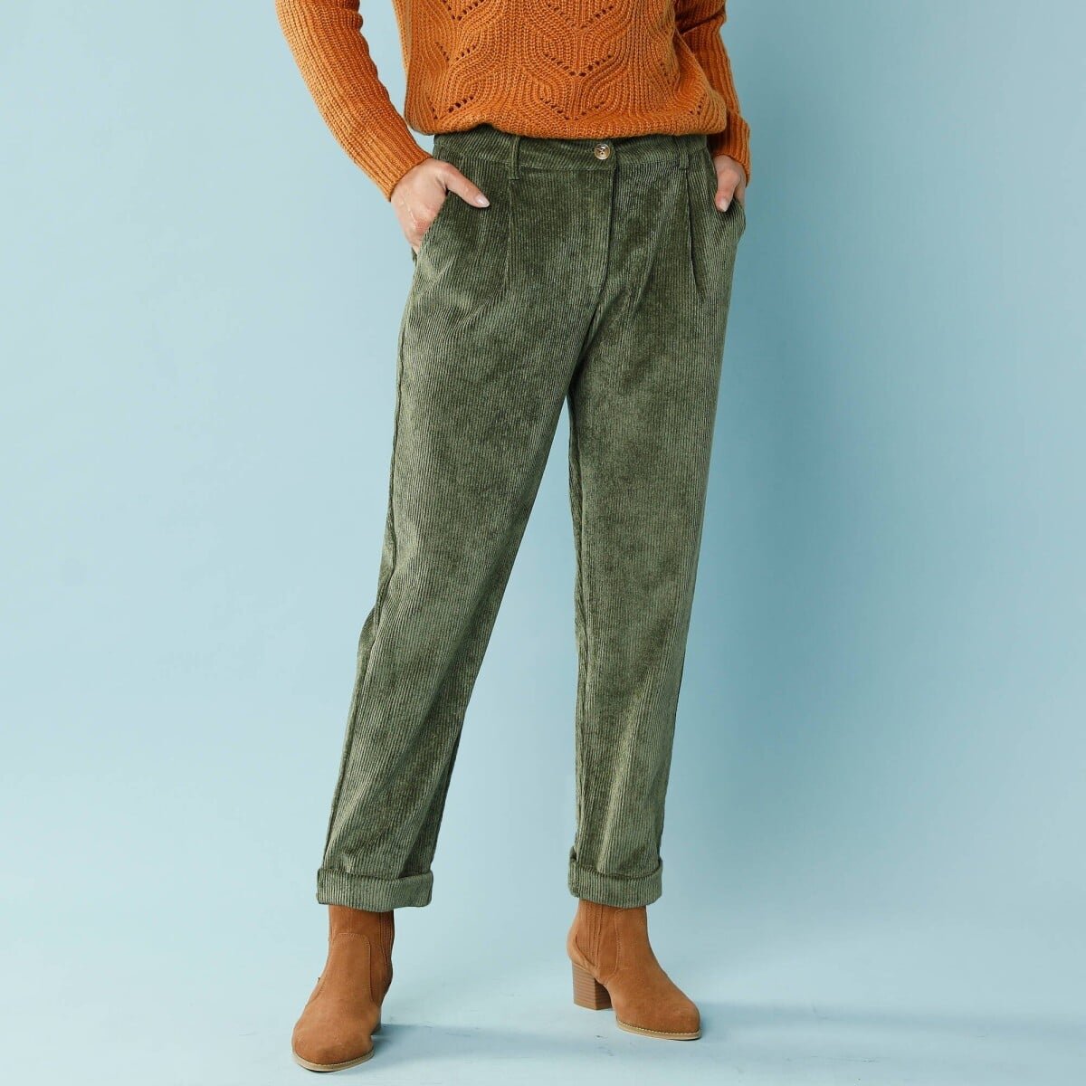Blancheporte Manšestrové 7/8 chino kalhoty pro menší postavu khaki 34