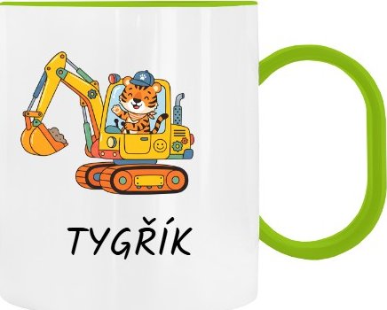 Dětský hrnek plastový s potiskem Tygřík a bagr do školky se jménem