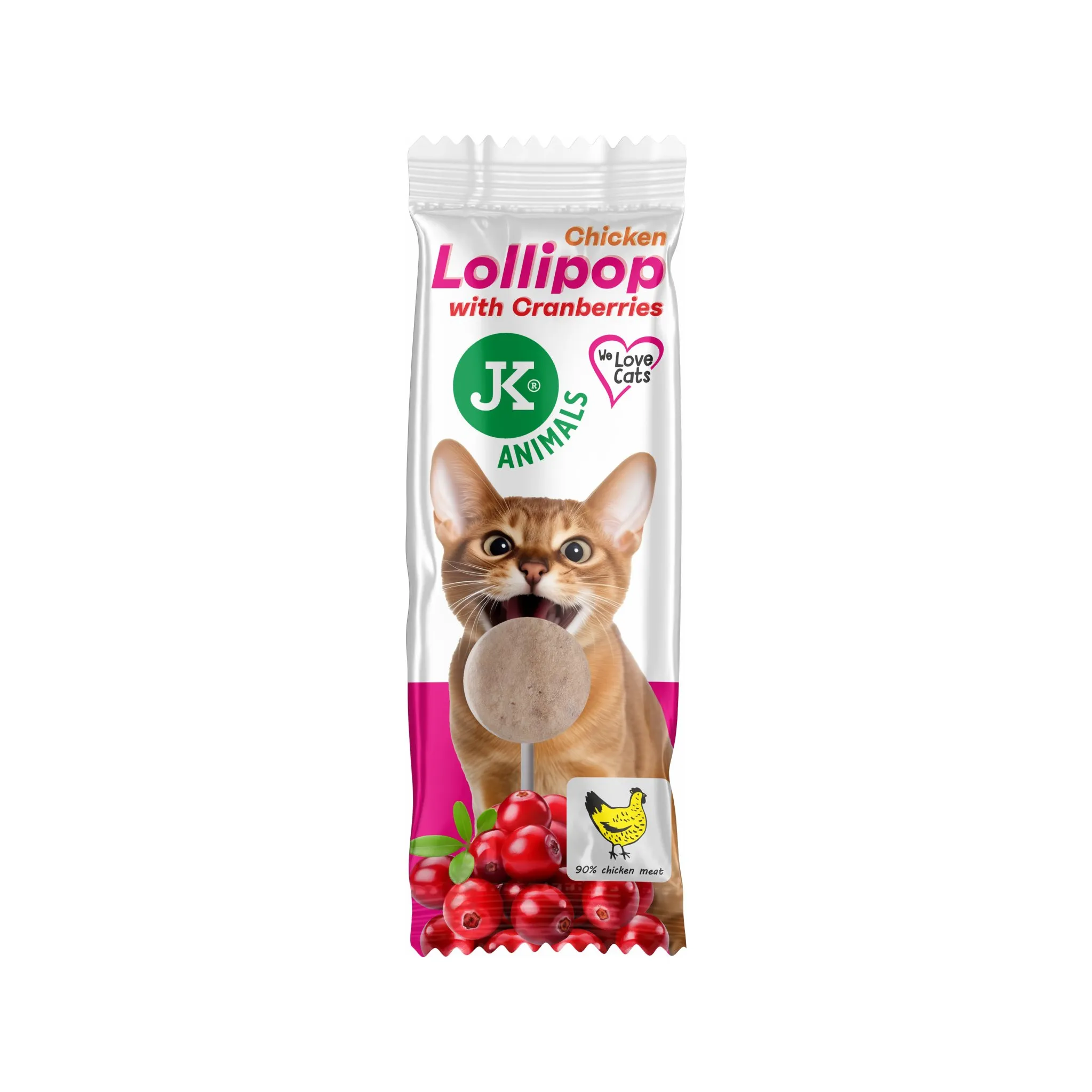 Fotografie 1 - Pamlsek pro kočku JK Animals Kuřecí lízátko s brusinkami 1,4 g