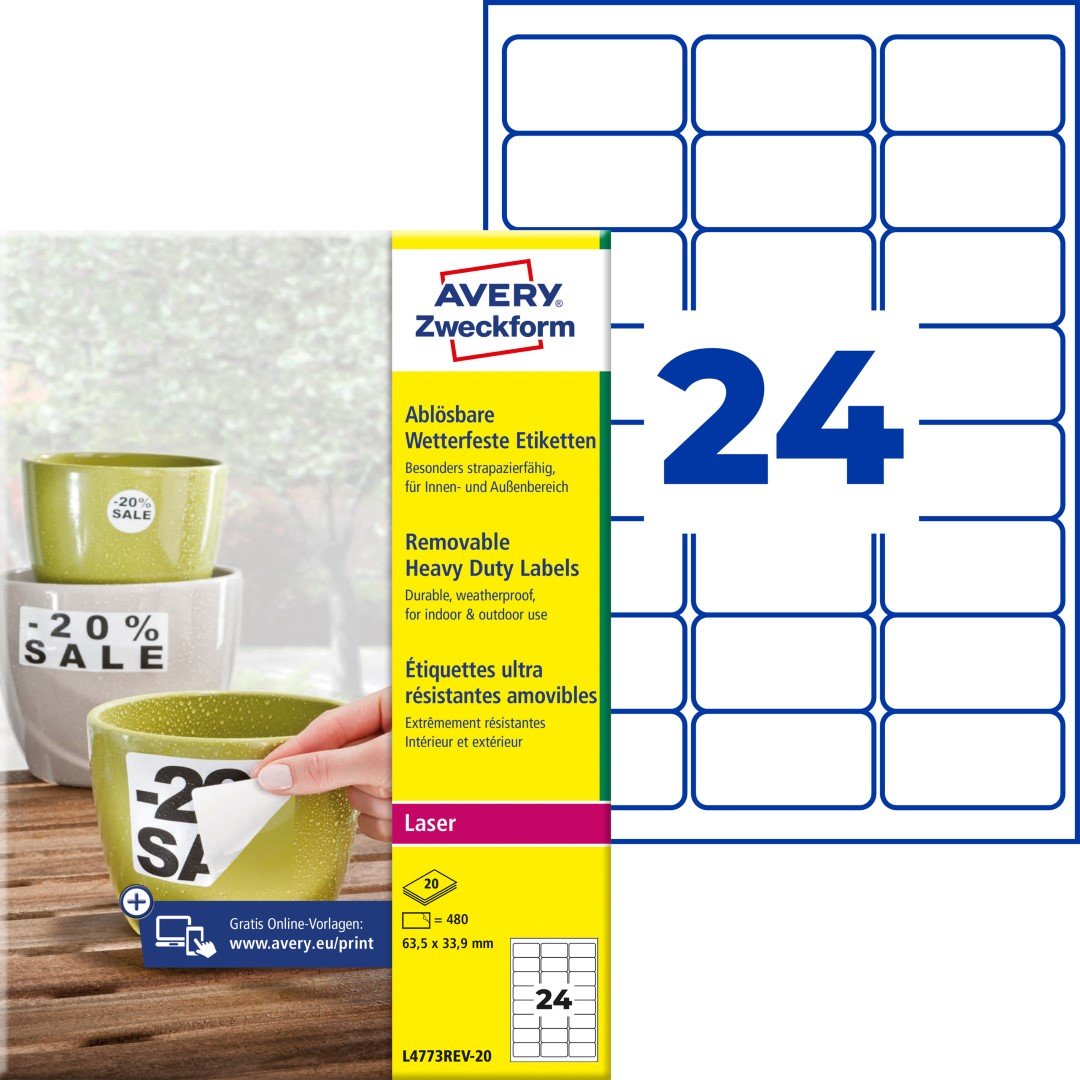 Avery Zweckform L4773REV-20 Snímatelné odolné etikety 63,5x33,9 mm, 480 ks, bílé + návrh etiket online + šablony ke stažení zdarma