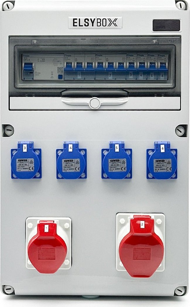 ELSYBOX P698F01140F Zásuvková skříň 1x CEE 16A, 1x CEE 32A, 4x 230V, IP44, jištěná, s chráničem