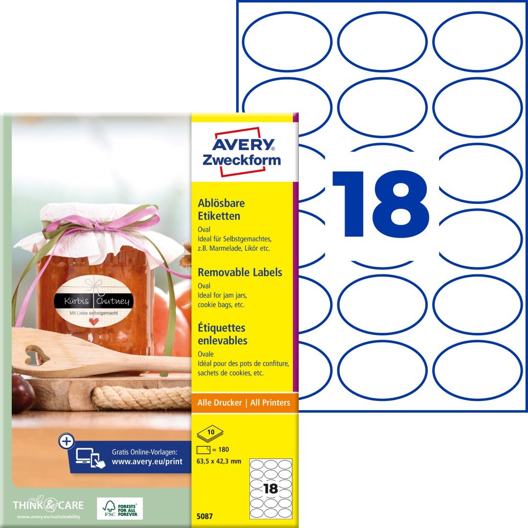 Avery Zweckform 5087 Oválné snímatelné etikety 63,5x42,3 mm, 180 ks, bílé + návrh etiket online + šablony ke stažení zdarma
