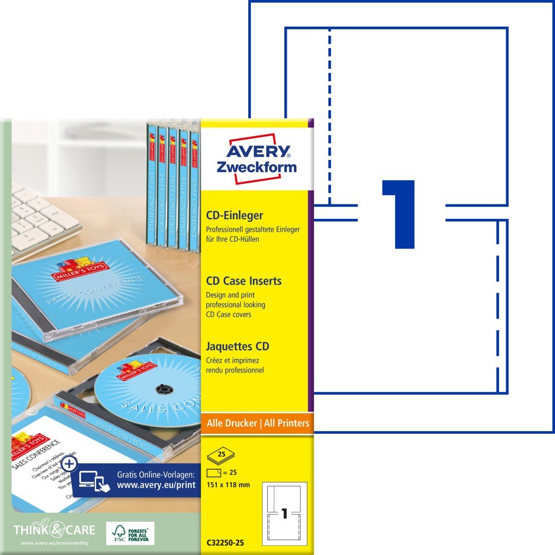 Avery Zweckform C32250-25 Potisknutelné obaly na CD 151x118 mm, 170 g/m2, 25 ks, bílé + návrh štítků online + šablony ke stažení zdarma