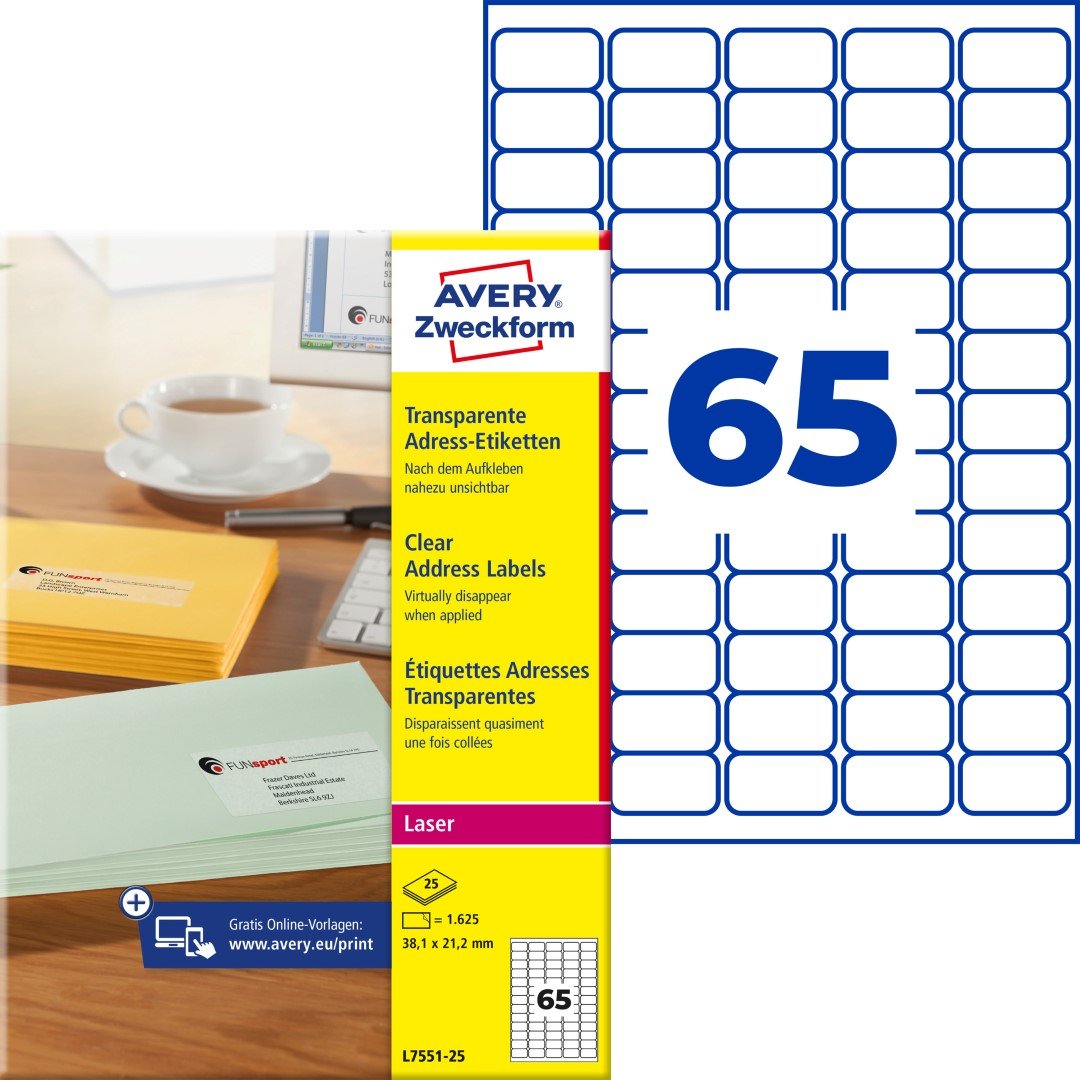 Avery Zweckform L7551-25 Transparentní etikety 38,1x21,2 mm, 1625 ks, PET, mléčné + návrh etiket online + šablony ke stažení zdarma