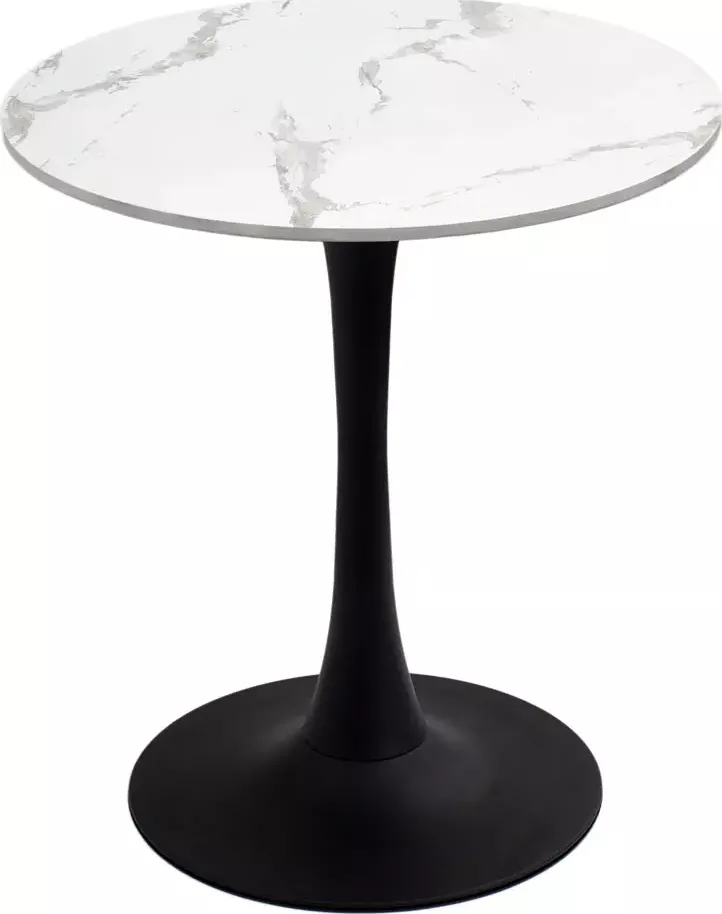 Specifikace – Bílý kulatý stolek Ø70 cm z mramorové hmoty Základna: Materiál: kryt spodního prvku z práškově lakované oceli Rozměr: Ø500 mm Barva: matná černá Další vlastnosti: výškově nastavitelné nožky Trubka: Materiál: ocel Délka: 640 mm