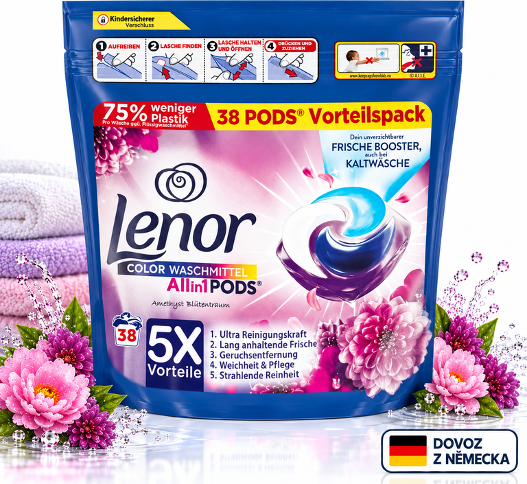 Lenor Pods 3v1 XL Amethyst Blütentraum kapsle na praní barevného prádla 38ks