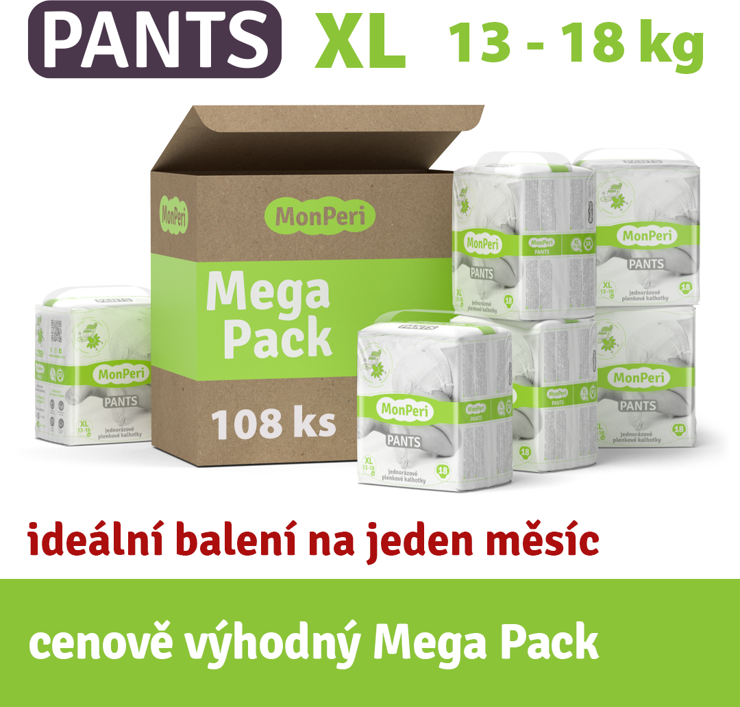 MonPeri Panst XL megapack plenkové kalhotky 13-18 kg, vel.5, 108 ks 108ks | velikost 5 | 13-18 kg
