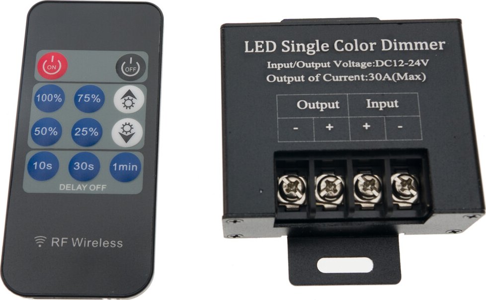 Bezdrátový RF stmívač pro jednobarevné LED pásky | 12–24 V | 30 A