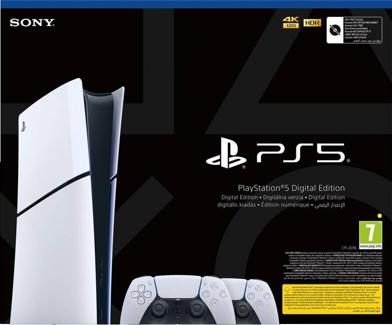 Sony PlayStation 5 Digital (typ modelu - slim) + 2x bezdrátový ovladač DualSense (PS711000050122) bílá