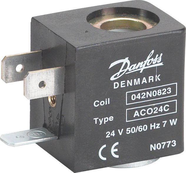 Danfoss Cívka solenoidu, AC024C, Štítek DIN, Napájecí napětí [V] AC: 24, Multi balení (042N0823)
