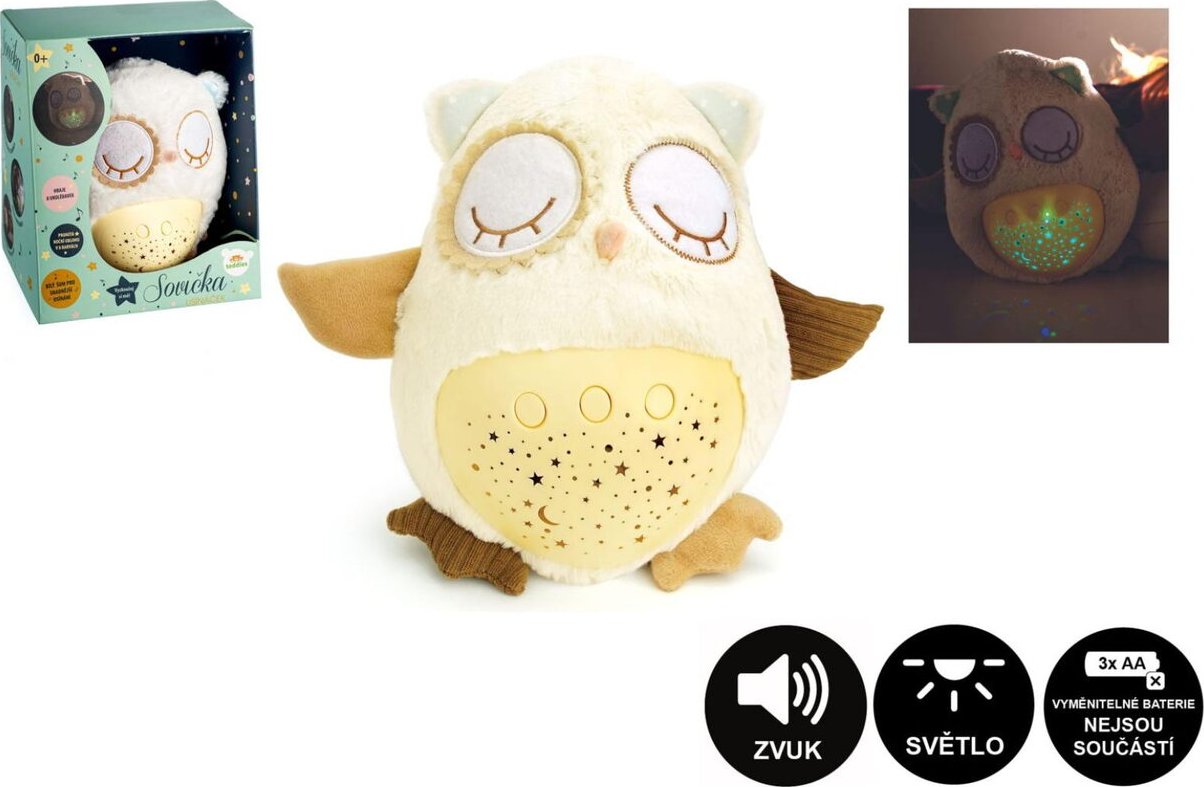 Teddies Sovička Usínáček plyš 25cm se světlem, zvukem v krabici 0m+