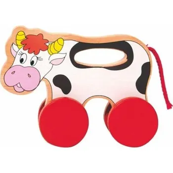 Dřevěná hračka Woody Kravička na kolečkách s držadlem