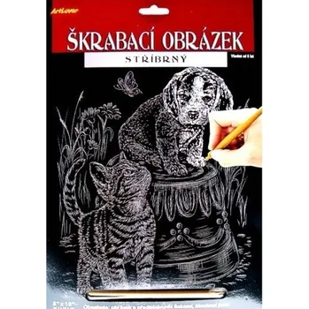 vyškrabávací obrázek ArtLover škrabací obrázek 25 x 20 cm stříbrný štěně a kotě