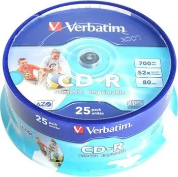 Optické médium Verbatim CD-R 700MB 80min 52x Crystal Printable 25 cake