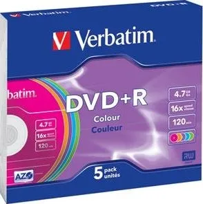 Optické médium Verbatim DVD+R 4,7GB 16x Color slim 5 pack