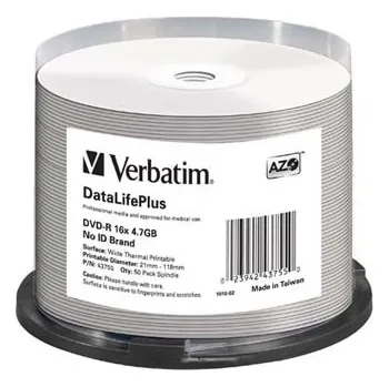 Optické médium Verbatim DVD-R DataLife Plus 4,7 GB Wide Thermo Printable cake box 43755 50 pack