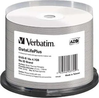 Optické médium Verbatim DVD-R DataLife Plus 4,7 GB Wide Thermo Printable cake box 43755 50 pack