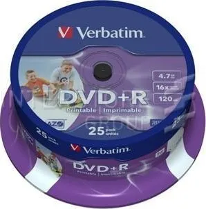 Optické médium Verbatim DVD+R 4,7 GB 16x Printable Spindle 25 Pack