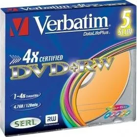 Optické médium Verbatim DVD+RW DataLife plus 4,7 GB Colour slim box, 43297 4x 5 pack
