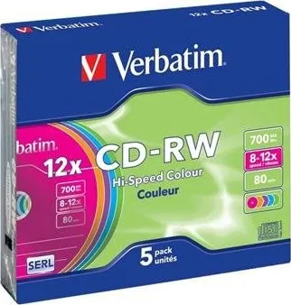 Optické médium Verbatim CD-RW 5-Pack SlimColours 8x-12x 700MB