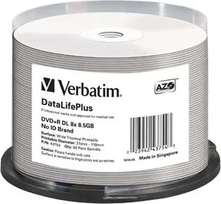 Optické médium Verbatim DVD+R Wide Thermal Printable 8.5 GB Double Layer spindle 43754 8x 50 pack
