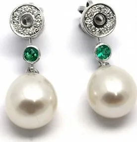 Náušnice Diamantové náušnice se smaragdy a perlami 585/2,60gr J-21265-12 J-21265-12