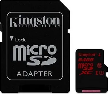 Paměťová karta Kingston microSDXC 64 GB Class UHS-I U3 + SD adaptér (SDCA3/64GB)