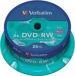 Optické médium Verbatim DVD-RW 4,7GB 4X 25 ks cake box