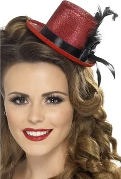 Ozdoba do vlasů Mini klobouček - červený s peřím