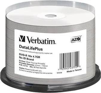 Optické médium Verbatim DVD-R 4,7GB 16x print Wide Thermal Professional spindl 50 pack