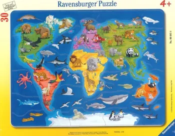 Puzzle Ravensburger Mapa světa se zvířaty 30 dílků