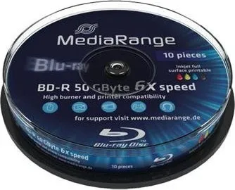 Optické médium Mediarange BD-R BLU-RAY 50GB 6x DoubleLayer printable spindl 10 pack