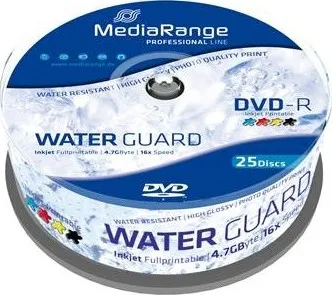 Optické médium Mediarange DVD-R 4,7GB 16x Waterguard Photo Inkjet Fullprintable spindl 25 pack