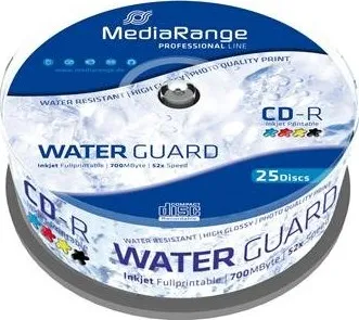 Optické médium Mediarange CD-R 700MB 52x Waterguard Photo Inkjet Fullprintable spindl 25 pack