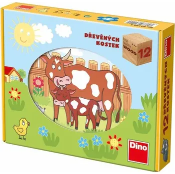 Dino Kubus dřevěné kostky 12 ks, Domácí zvířátka žluté